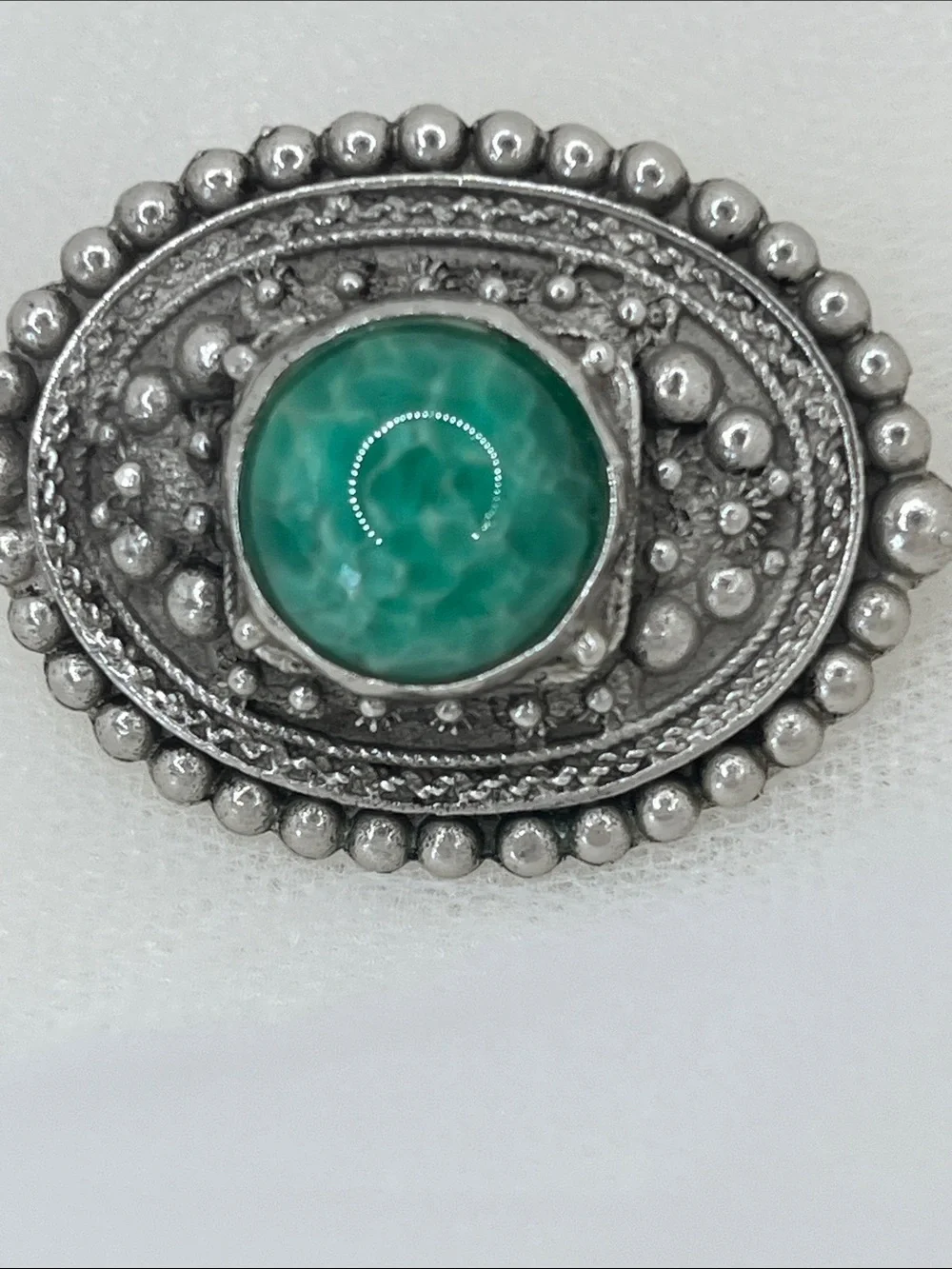 Vintage Green stone brooch. Marked 800 continental Silver frame Piece 2.1 oz/59g